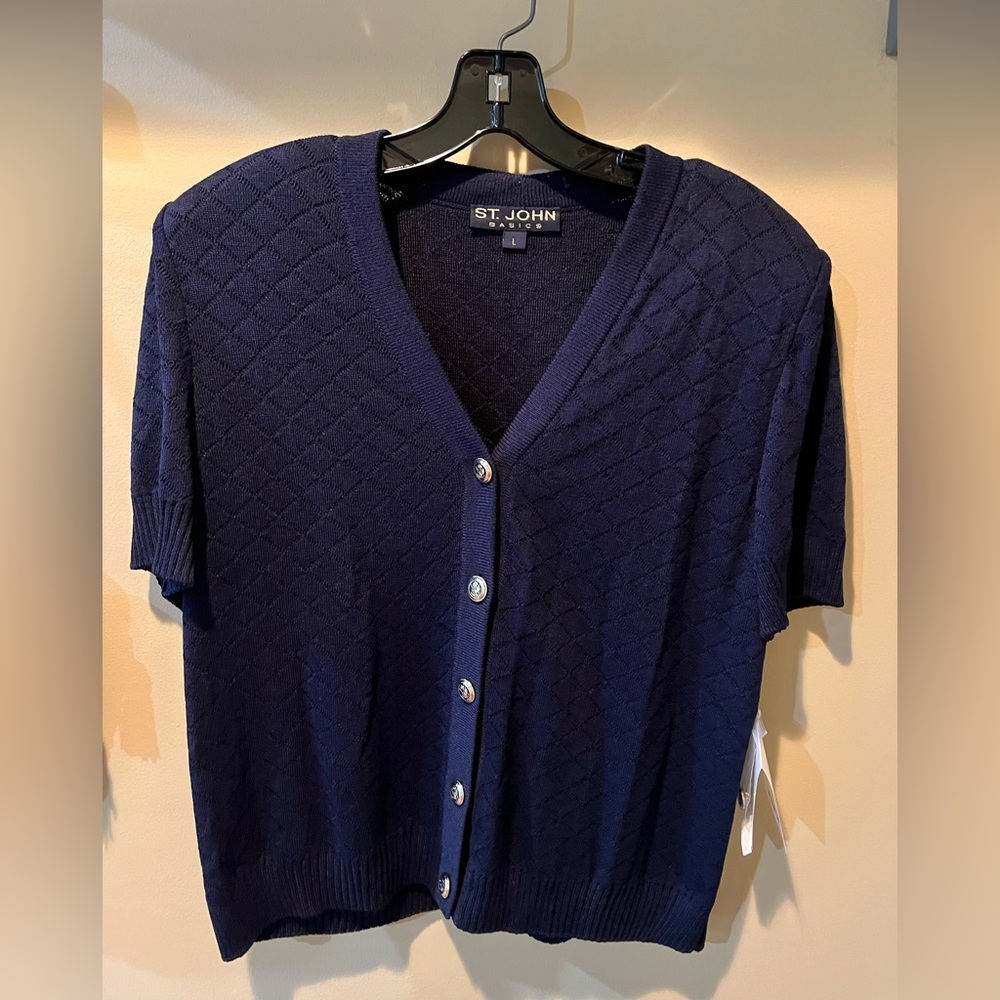 ST. JOHN basics navy blue button up top with shoulder pads.